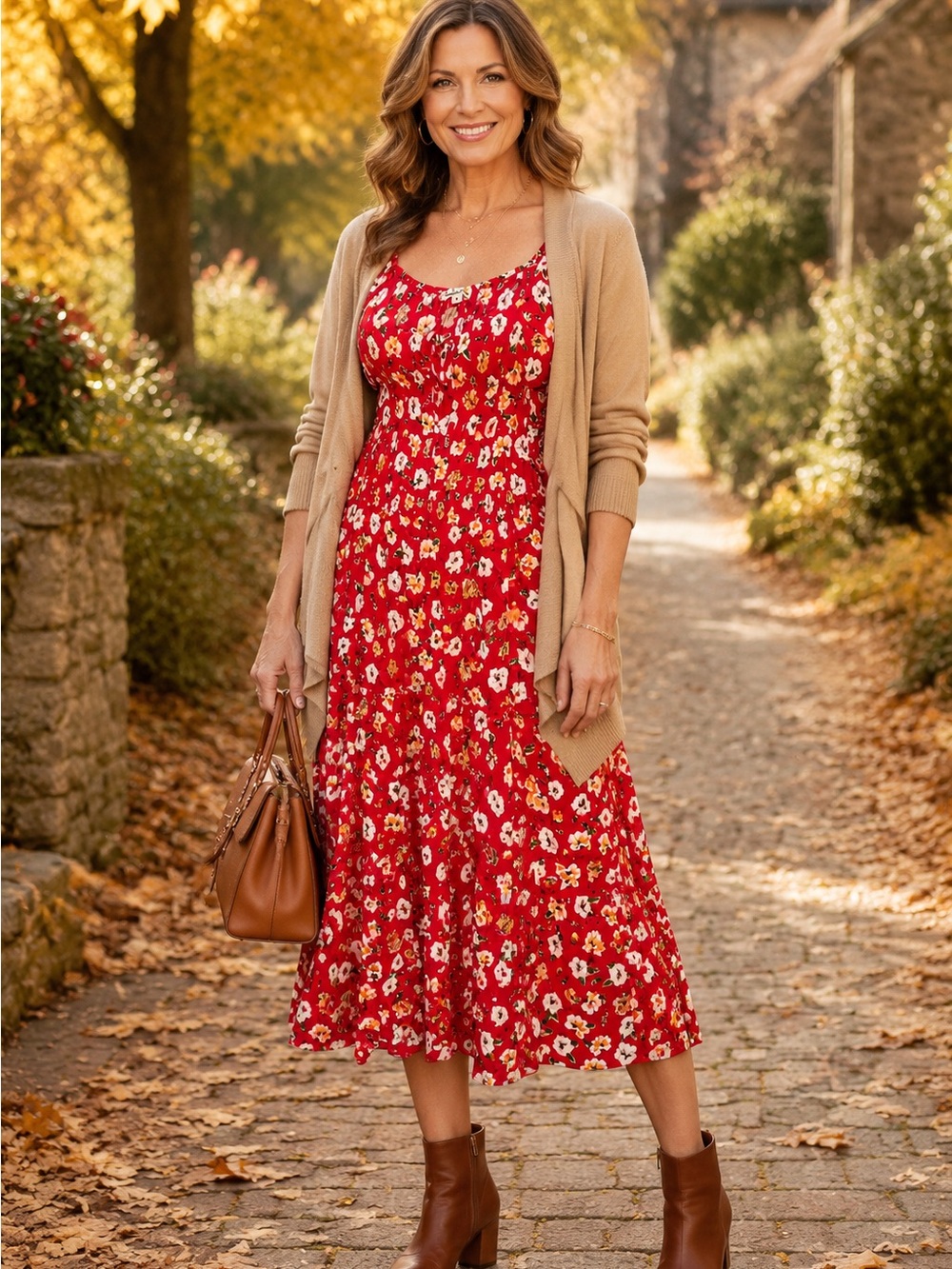 Red Floral Midi Dress Puff Sleeve Scoop Neck Fit Flare Cottagecore Boho Romantic
